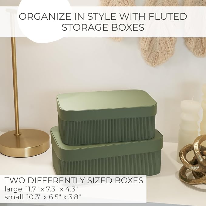 ZICOTO Decorative Storage Boxes with Lids - Set of 2 Beautiful Fluted Photo Organizer Bins for Your Home Bookshelf Decor to Safely Store Your Documents, Memory Box Items and Other Keepsakes in Style