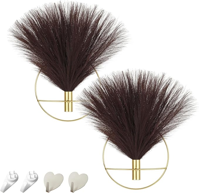 Pretty Jolly Boho Pampas Wall Decor Gold Metal Wall-Mounted Art | Morden Artificial Greenery Display，2 Pack Hanging Planter For Living Room, Bedroom, Bathroom, Dining room