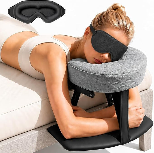 Freebody Upgraded Massage Headrest for Bed with Armrest Shelf & Breast Pillow, Adjustable Massage Face Cradle at Home,18" Height Massage Head Holder for Sleeping Mattress, Classic Grey