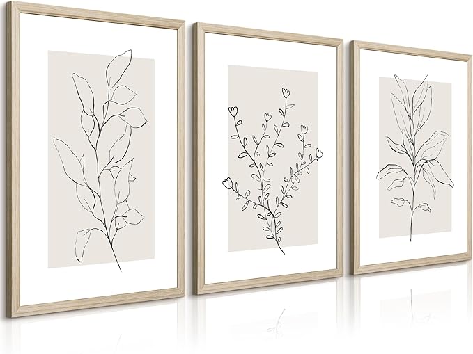 Neutral Botanical Prints Wall Art Decor Plant Minimalist Canvas Pictures Vintage Beige Wall Art Modern Farmhouse Line Poster Boho Abstract Painting Artwork for Bedroom 24x36 Inch Framed Set of 3