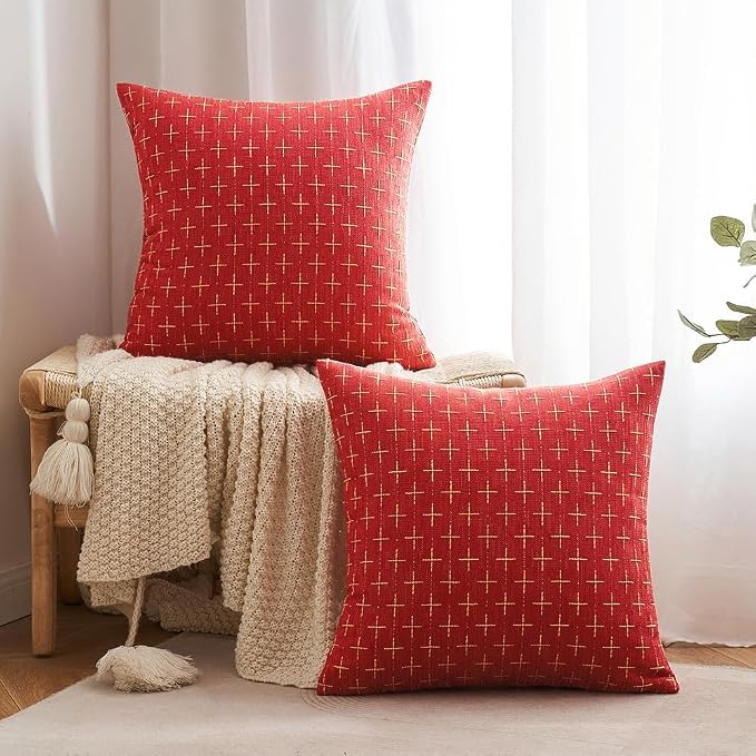 MIULEE Pack of 2 Christmas Decorative Burlap Linen Throw Pillow Covers Modern Farmhouse Pillowcase Rustic Woven Textured Cushion Cover for Sofa Couch Bed 18x18 Inch Christmas Red