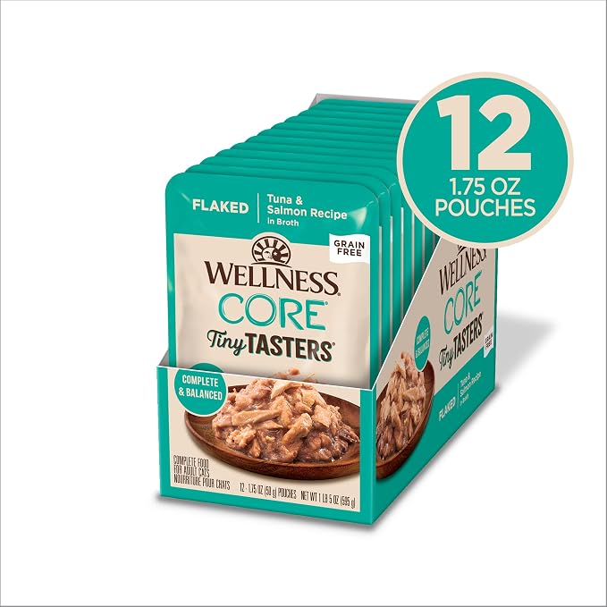 Wellness CORE Tiny Tasters Flaked Adult Wet Cat Food,Natural,Protein-Rich,Grain Free,1.75-Ounce Pouch,(Tuna & Salmon),(Pack of 24)