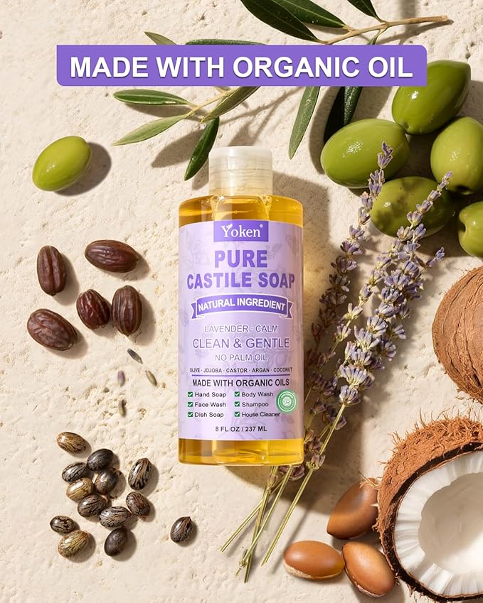 Yoken Pure Castile Soap Liquid Lavender 8 OZ, Made with Certified Organic Oils, Gentle Lavender Soap for Hands & Body Wash, Face, Dishes, Laundry & More - Vegan & Natural Ingredients Cleanser