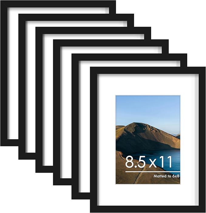 8.5x11 Picture Frame Set of 6, Wall Mounting Display, Black | Display 6x8 with Mat or 8.5x11 Without Mat, Horizontal or Vertical, Gallery Wall Frame Set for Wedding & Room & Home Decor