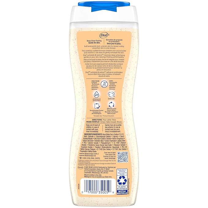 Dial Body Wash, Exfoliate & Restore Cocoa Butter & Orange Extract, 16 Fl Oz Pack of 4, With Vitamin E, Gentle, Leaves Skin Feeling Nourished, Dermatologist-Tested, No Parabens & Sulfates