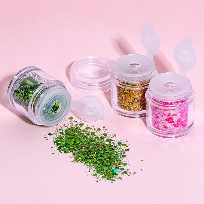 Chunky Body Glitter & Face Gems Set – Multi-Color Holographic Glitter, Flatback Pearls, Glue, Wax Pencil & Brush for DIY Festival Makeup, Halloween, Parties, Raves, Stage & Hair Decoration