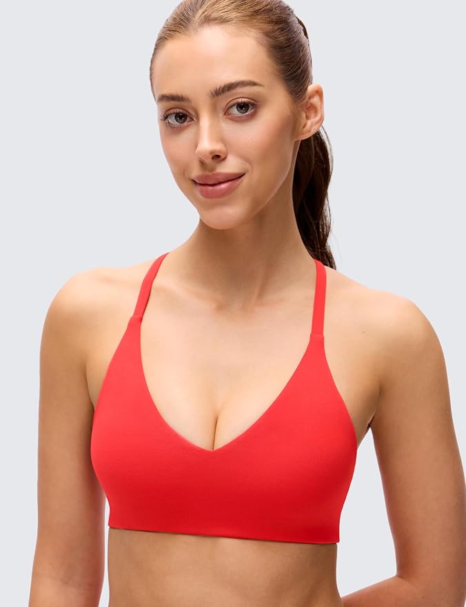 CRZ YOGA Butterluxe Low Coverage V Neck Sports Bras for Women - Spaghetti Straps Racerback Padded Yoga Top
