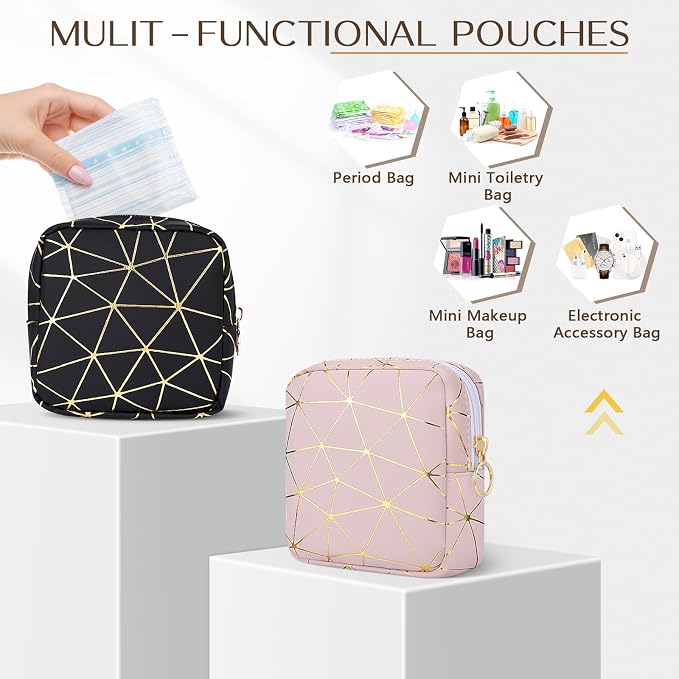 Likesing Sanitary Napkin Storage Bag, Leather Portable Period Bag for Girls Women, Sanitary Napkin Period Pad Pouch Tampon Holder for Purse (Pink Gold, Small-5.1")