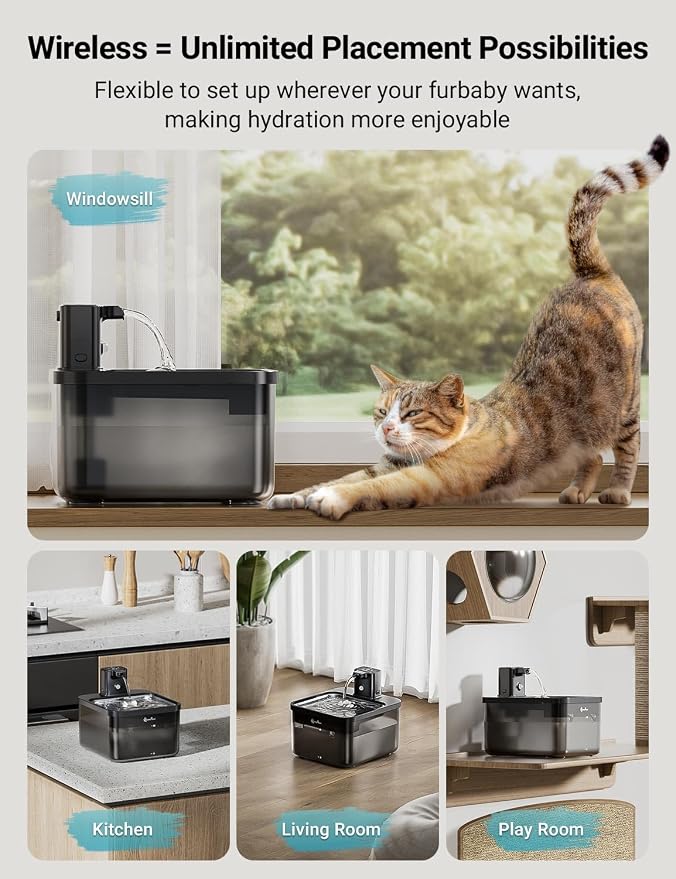 DownyPaws Cat Water Fountain Cordless, Pet Fountain, Black Pro, 6 Filters | Wireless Cat Drinking Water Fountains for Cats Indoor, Fursink , Battery Operated, Motion Sensor, Ultra Quiet Pump, BPA-Free