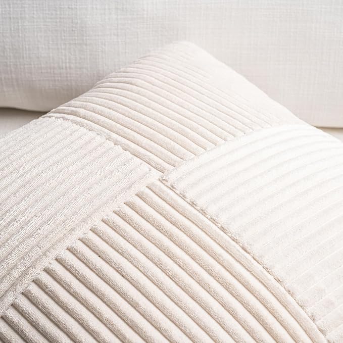 Fancy Homi Set of 1 Cream Boho Long Lumbar Body Decorative Throw Pillow Cover 21x54 Inch for Bed Couch Bedroom Bench, Soft Patchwork Corduroy Textured Pillow Case, Rustic Farmhouse Room Decor