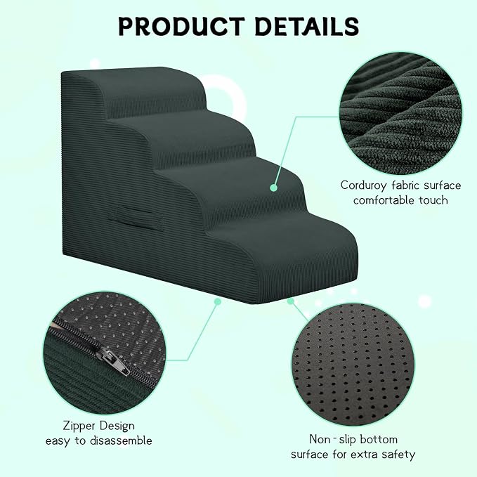 Mesa Lemon 4 Step Dog Stairs Pet Ramp for High Beds, Sofas and Cars | High Density Foam, Non-Slip Bottom, Removable Washable Cover, Portable Handle, Holds Up to 50 lbs, 20 Inch Height