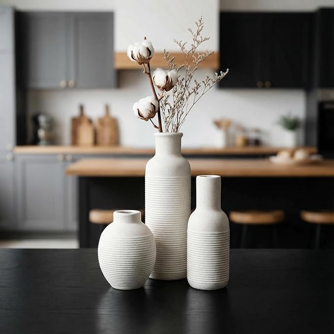 Rustic Farmhouse Vase Set of 3 - Ceramic Decorative Modern Flowers Vases Home Decor - Pampas Grass Dried Fresh Flowers - for Centerpiece, Table, Mantel Entryway, Kitchen (White 1)