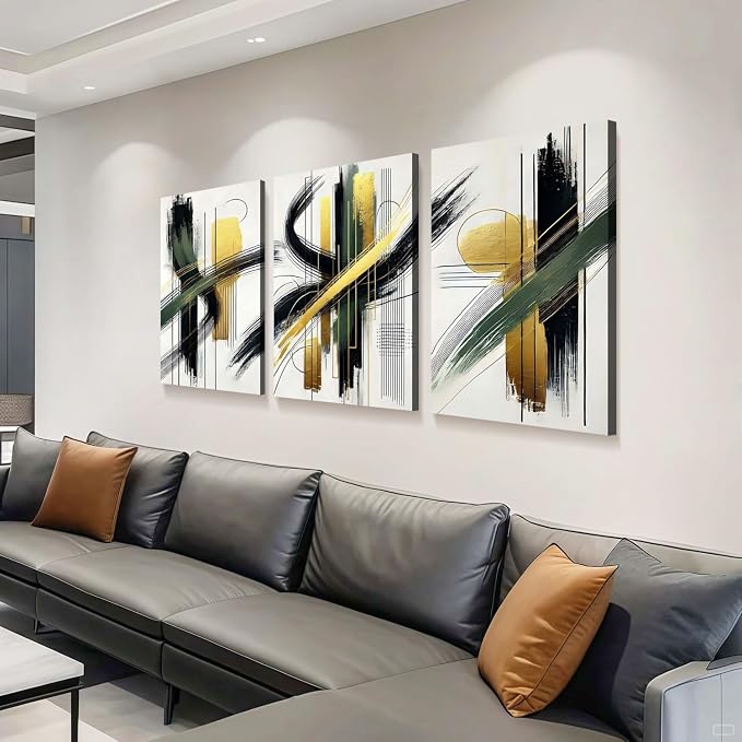 3 Pcs Framed Abstract Wall Art Modern Gallery Prints Black Green Gold Lines Canvas Painting Minimalist Poster Picture Living Room Bedroom Office Wall Decor 12x16 Inch Ready To Hang