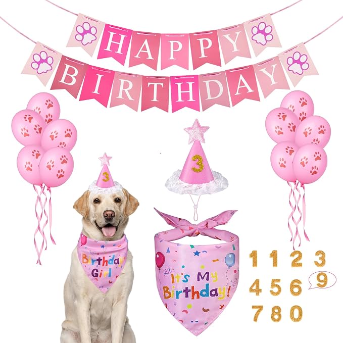 Dog Birthday Party Supplies,Dog Birthday Bandana Set, Numbers,Flag,Balloon | Dog Birthday Hat,Boy Girl Birthday Party,for Large Medium Small Dogs Pet (Pink)
