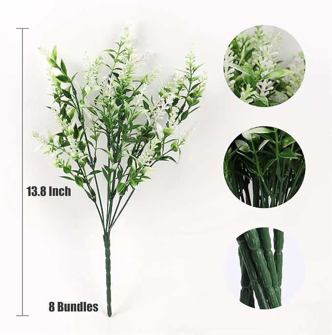 RECUTMS Artificial Plants Lavender, 8 Bundles Outdoor UV Resistant Greenery | Faux White Flowers For Outdoor Planters Fake Shrubs Simulation Plants Filler Indoor Outside Hanging Planter Home Garden Decor