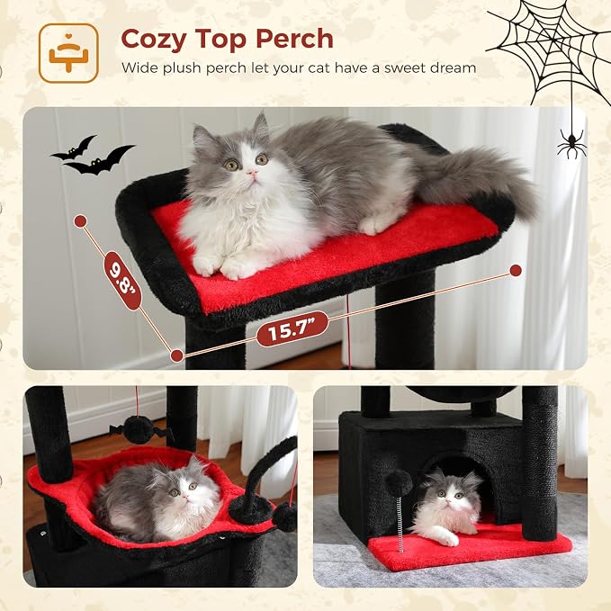 PEQULTI 4-in-1 Gothic Cat Tree for Kittens & Small Cats, 33in Black Tower | Compact 33in cat tower: deep hammock, cozy condo, top perch, sisal post; removable washable cover; wide base for small cats