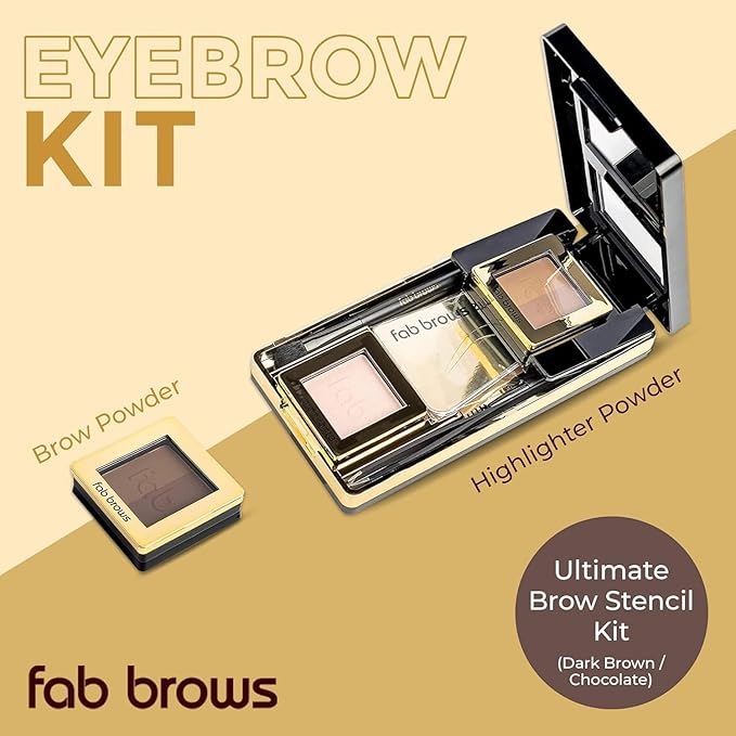 Fab Brows LUX Duo Stencil Eyebrow Kit - The Ultimate Brow Stencil Kit with Duo Brow Powder, Highlighter Powder, Stencil Shapes, Eyebrow Tools & Mirror - Eyebrow Stencil Kit Makeup - Dark Brown/Choco