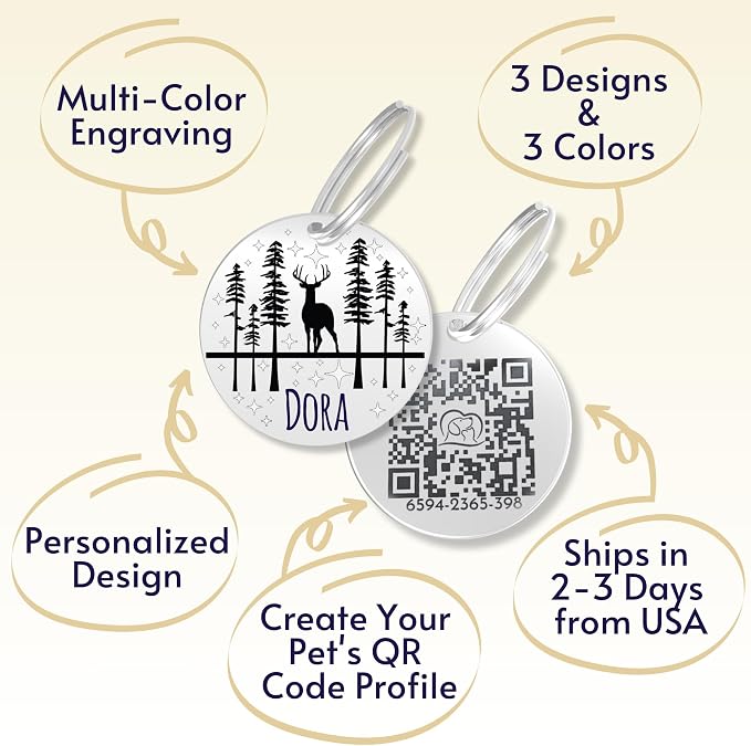 PawFurEver QR Code Dog Tag - Custom Dog Tags/Pet ID Tags for Dogs, Engraved Dog Tag & Pet Tag, Stainless Steel Dog Tags Personalized for Pets (Deer, Silver)
