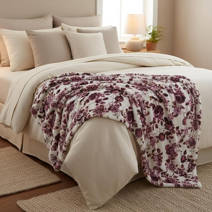 Floral Fleece Throw Blankets: Soft Plush Flower Garden Accent for Sofa Couch, Blush Pink Blue Purple Burgundy White