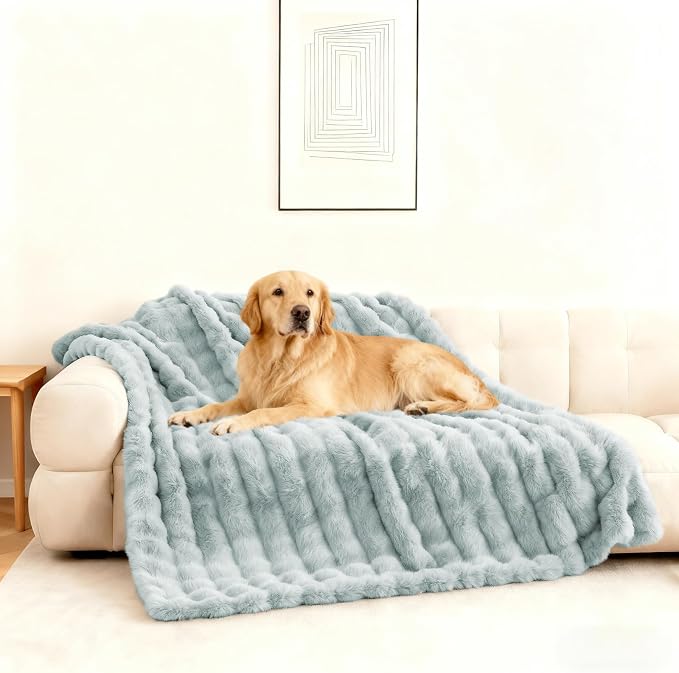 Waterproof Dog Blanket for Sofa Bed Couch, Couch Cover Blanket Fluffy Faux Rabbit Fur Reversible Furniture Protection, Pet Blanket for Medium Large Dogs Cats