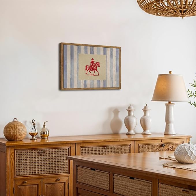 Vintage Western Wall Art, Mid Century Cowboy Rodeo Wall Decor, 12x16 in Framed, Striped Southwestern Poster Canvas Prints Country Horse Riding Artwork for Bedroom Living Room Farmhouse