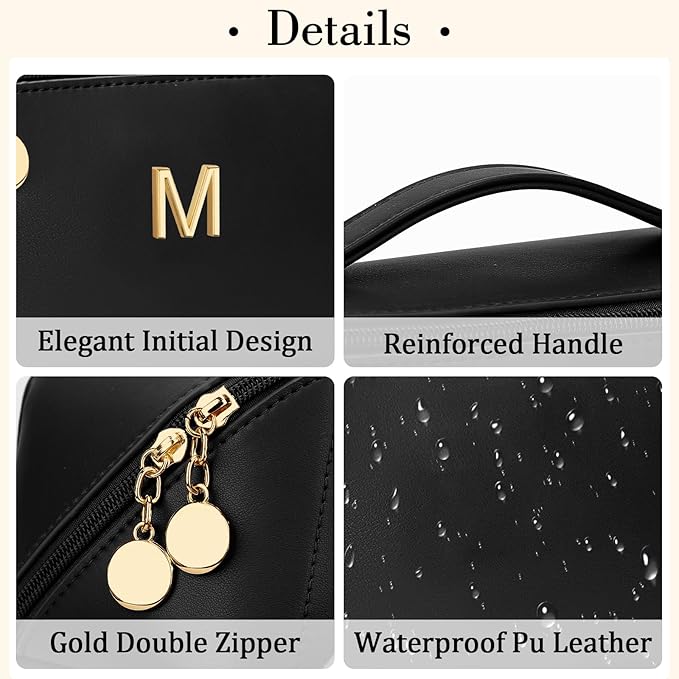 Birthday Gifts for Women Teen Girl, Personalized Initial Makeup Organizer Bag Set, Open Flat Travel Cosmetic Bag With Clear Divider and Handle(Black,M)