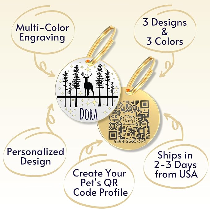 PawFurEver QR Code Dog Tag - Custom Dog Tags/Pet ID Tags for Dogs, Engraved Dog Tag & Pet Tag, Stainless Steel Dog Tags Personalized for Pets (Deer, Gold)