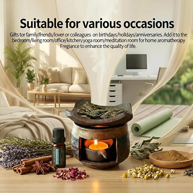 Zen Incense Burner Kit,Ceramic Aromatherapy Burner for Cedar Essential Oil Burner,Tea Light Teapot Warmer Candle Holder for Home Office Meditation Relaxation Decor