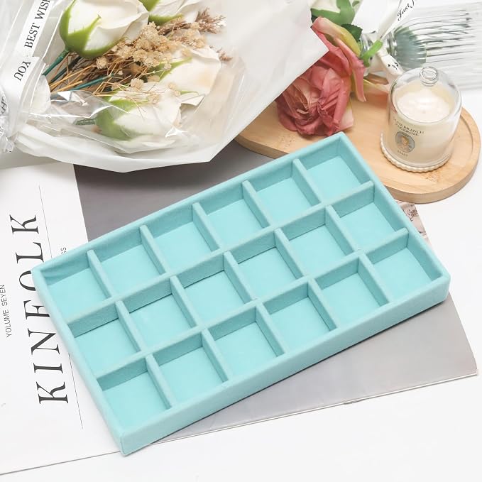 Velvet Jewelry Trays for Drawers, Blue 18 Grids | Stackable Jewelry Drawer Organizer Inserts, Ring Earring Holder Organizer Storage Display Tray with Removable Dividers