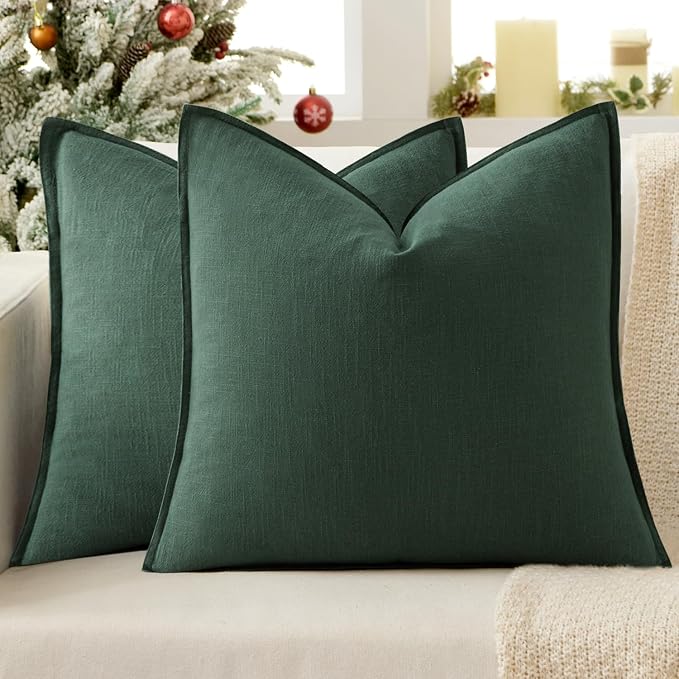 EMEMA Decorative Linen Throw Pillow Covers 20x20 Inch Green | Boho Farmhouse Neutral Couch Throw Pillows for Bed Pack of 2 Accent Pillowcase Modern Sofa Cushion Livingroom Home Decor