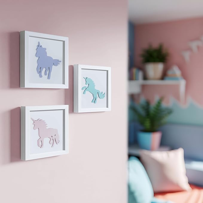 Tide and Tales Unicorn Wall Decor (Set of 3) 3D Framed Unicorn Bedroom Decor for Girls, Pastel Girls Room Decorations, White Wood Nursery Decorations Wall Art, Gift-Boxed