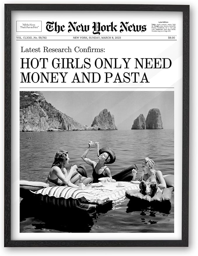 iHery 12x16in Hot Girls Only Need Money and Pasta Framed Wall Art | Premium Black OAK Wood Frame with Canvas Print, Funny Italian Decor for Kitchen, Dining Room, Dorm and Living Room, 1Pack