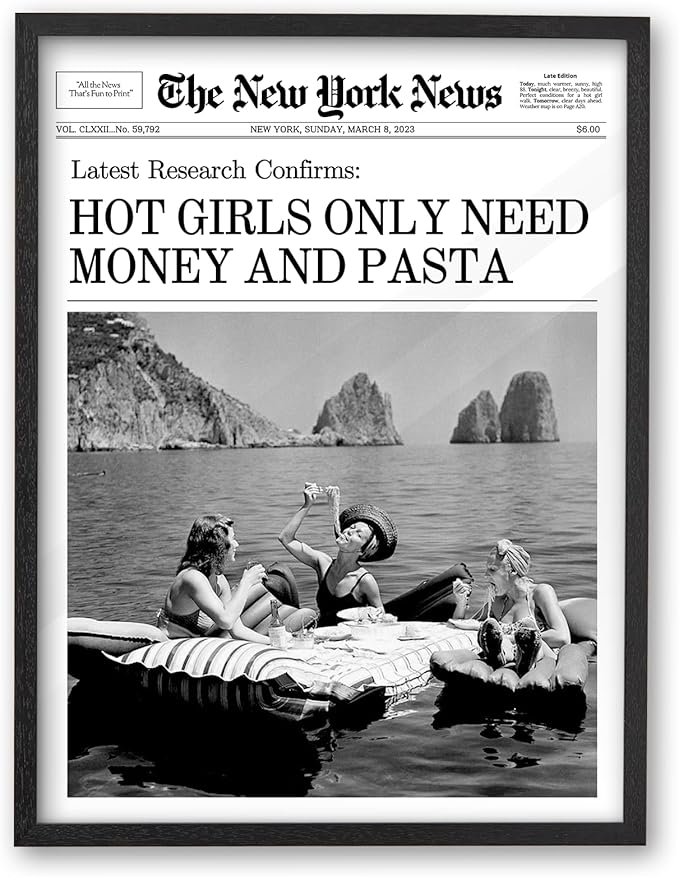 iHery 8x10in Hot Girls Only Need Money and Pasta Framed Wall Art | Premium Black OAK Wood Frame with Canvas Print, Funny Italian Decor for Kitchen, Dining Room, Dorm and Living Room, 1Pack