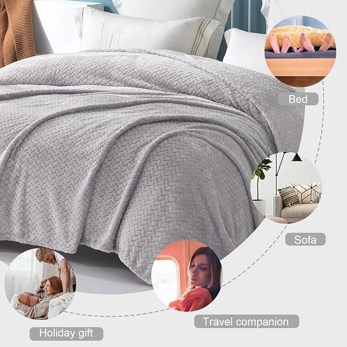 Exclusivo Mezcla Soft Fleece Bed Blanket King Size, 90”x104”, Light Grey | Cozy Fluffy Lightweight Blankets for Summer, Decorative Plush Flannel Throws for Living room, Bedroom with Leaves Pattern