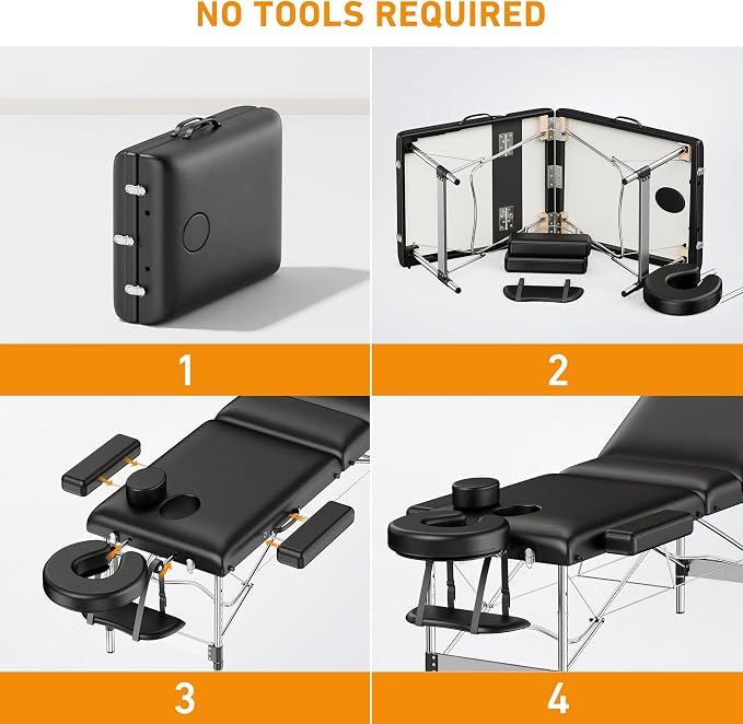 Brelley Massage Table Portable Professional 3 Sections Reclining Massage Couch, Aluminum Adjustable Esthetician Bed Tattoo Table SPA Lash Salon Bed with Carrying Bag (Black)