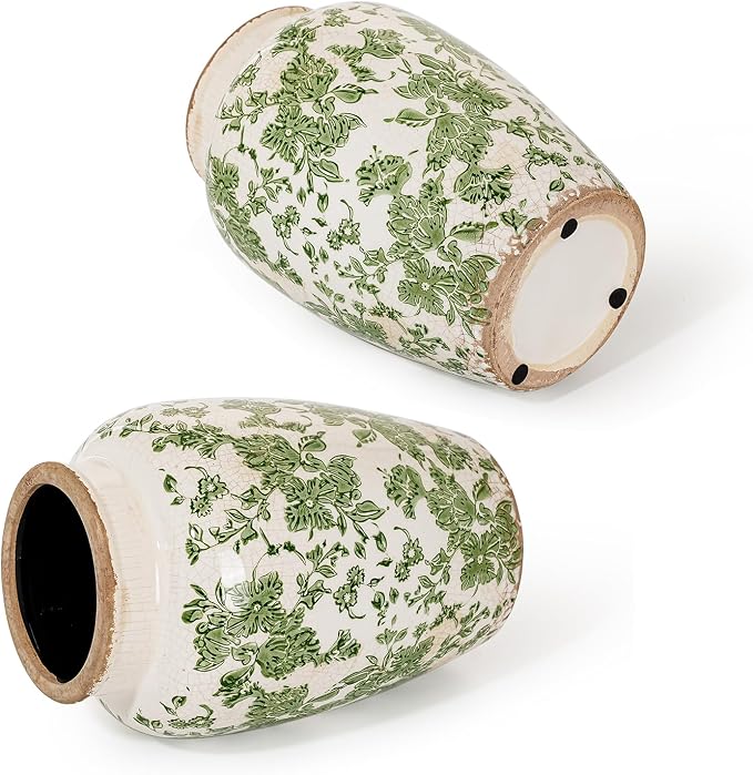 Sungmor Ceramic Flower Vase, Vintage Green Ice Cracked Glaze Porcelain Vase | Pretty Home Decor Vase for Flower Arrangement, Fresh Flowers, 10.2 Inch Tall Chinoiserie Pottery Vase, Green Floral Pattern