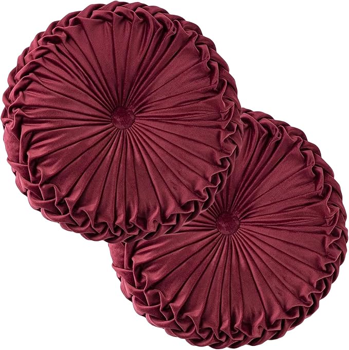 Teieas 2 Pcs Round Throw Pillows Decorative Velvet Pleated Bed Pillows | Boho floor pillows,back support for couch,chair,dorm,car,sofa,valentine's day home decor burgundy 14.96''