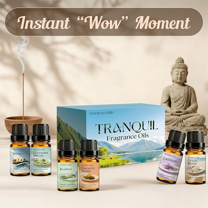 RAINBOW ABBY Tranquil Fragrance Oil Set, Bourbon Vanilla, Cucumber Melon, Lavender, Oakmoss Amber, Bamboo, and Ocean Breeze Candle Scents for Candle Making, Soap Making, Diffuser Oil Scents