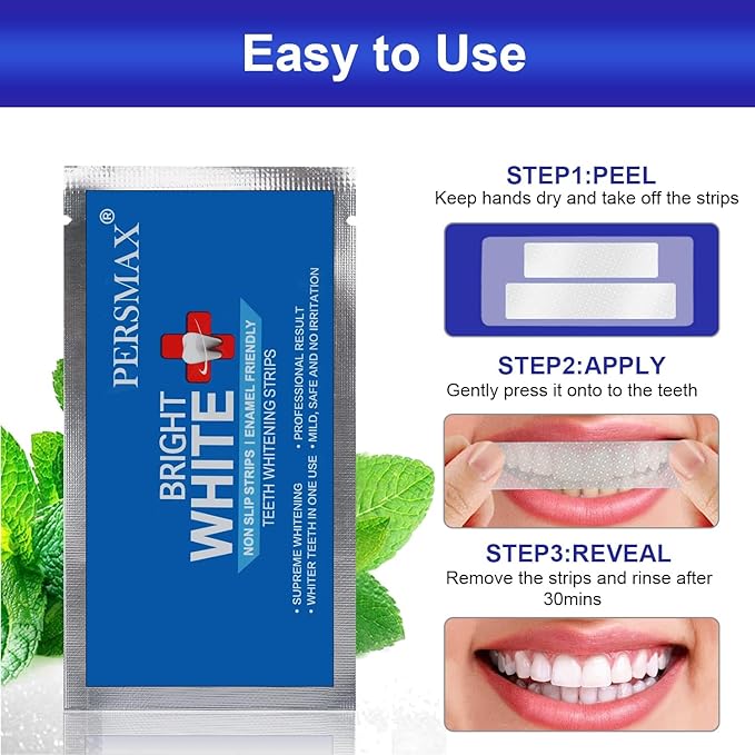 PERSMAX Teeth Whitening Strips – Professional Dentist Approved, Gum-Safe Formula, 28 Non-Slip Strips Kit, 14 Treatment, Pain-Free Express Whitening in 30 Min, Easy to Use for Bright Smile