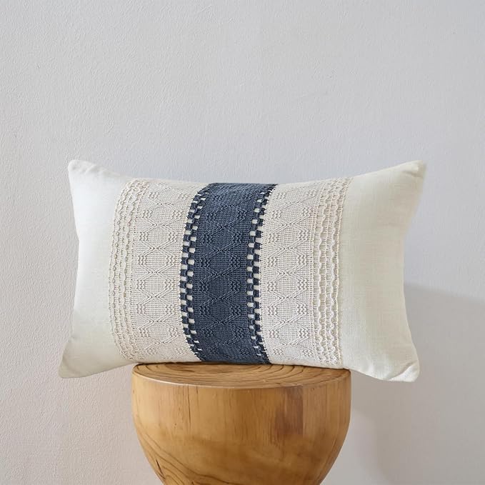 Lumbar Throw Pillow Covers Set of 1 (Beige & Blue, 12x20 Inch) | Linen Cotton Soft Cozy, Decorative Sofa Couch Pillow Cases, Textured Woven Single Striped, Boho Sytle for Living Room