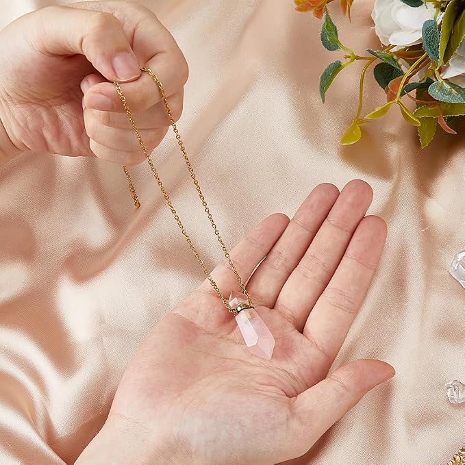 SUPERFINDINGS Natural Rose Quartz Stone Perfume Bottle Pendant Gemstone Crystal Perfume Bottle Essential Oil Necklace Diffuser Necklace Hexagonal Pointed Reiki Chakra Pendant for Woman Men