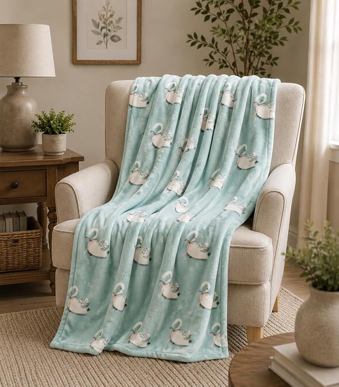 Fleece Throw Blanket: Soft Cozy Velvet Swans on a Lake Design, for Couch Bed and Home Decor, 50x60