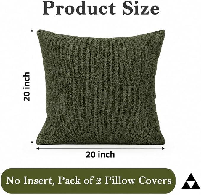 JoraLion 20x20 inch Boucle Throw Pillow Covers, Army Green Woven Texture Neutral Pillow Cover Breathable Cushion Case for Couch Sofa Bed Living Room Home Decor, Pack of 2, No Insert