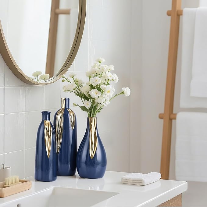 Blue and Gold Vase Set of 3, Modern Ceramic Decorative Vases for Living Room, Bedroom, Art Decor, Mantle, Home Event Decor, Office Decorative, Weddings, Rustic & Farmhouse (Blue Gold)