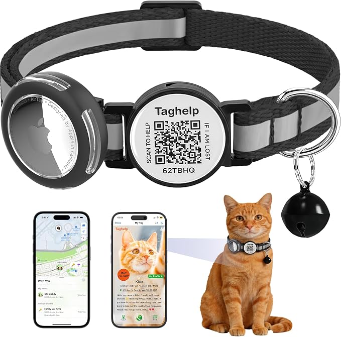Waterproof Airtag Holder Cat Collar .Lightweight Kitten Collar for Apple Air tag. Solid &Safe,Reflective Pet Collar, Breakaway Smart ID tag, Scan QR Code for Instant Location Alerts (Black A)