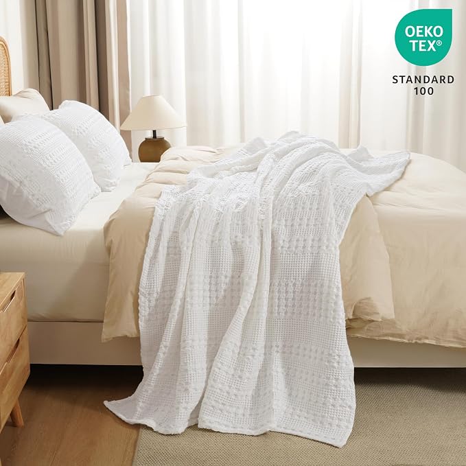 PHF 100% Cotton Waffle Weave Throw Blanket, Lightweight Breathable Summer Blanket for Couch Sofa, Pre-Washed Soft Throws for Bed, Office, Travel & Stylish Home Decor, 50"x60", White