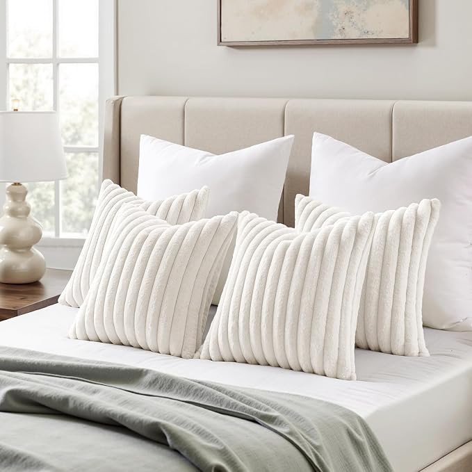 MIULEE Faux Fur Plush Decorative Throw Pillow Covers 20x20, Pure White | Set of 4, Striped, Soft Modern Cozy Home Decor, Cushion Cases for Sofa Couch Bed Living Room