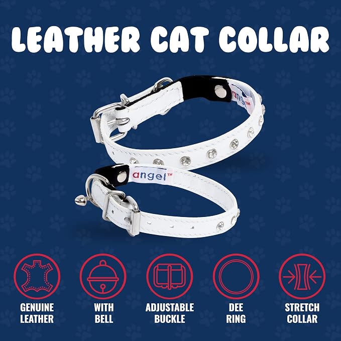 Athens Cat Collar, Leather Kitten Collar w/Rhinestones, Sturdy Breakaway Cat Collar with Bell & Elastic Stretch, Cat Accessories, Ivory White, 10 x ½ inches - Angel Pet Supplies
