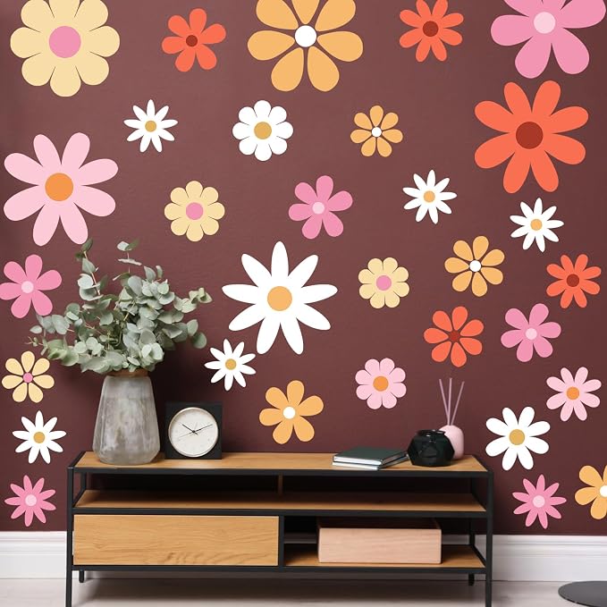 TaoBary 12 Sheet Daisy Wall Sticker Decal,Bright Color,Bright Style | Big Flower Wall Sticker, Pink White Floral Decal, Daisy Bedroom Room Decor, Removable Peel and Stick, Nursery Home Wall Decor