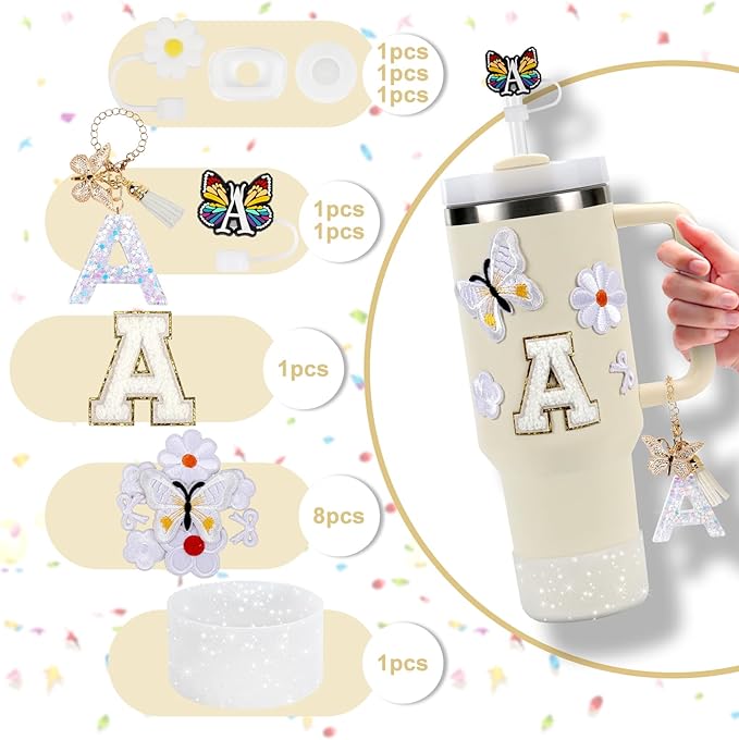 15PCS Cup Accessories Set for Stanley Cup 30oz 40oz Tumbler with Handle, Including Silicone Straw Cover and Boot, Spill Proof Stopper, Stanley Charms, Handle Charm, Initials Sticker